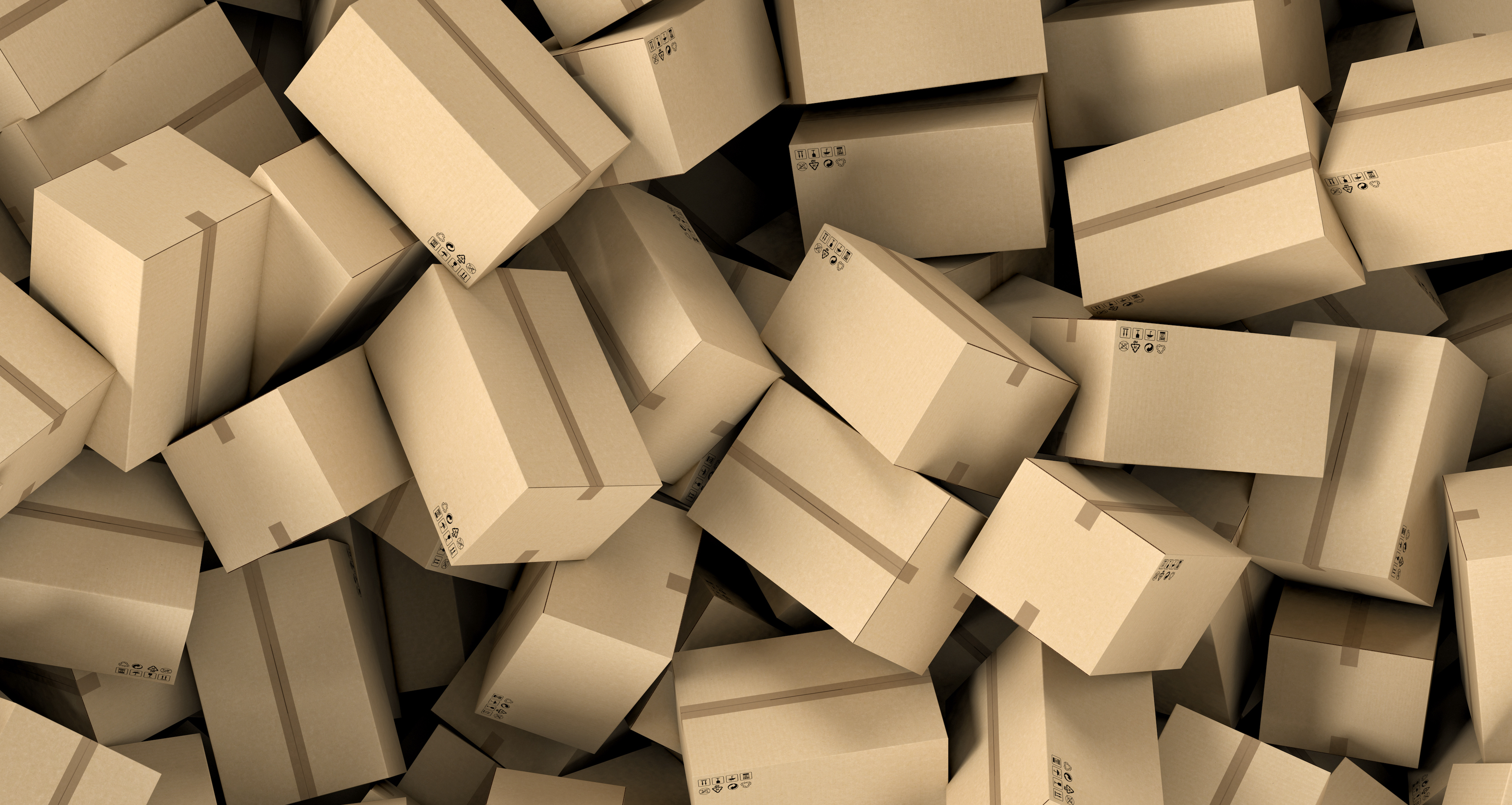 3d rendering of a huge amount of cardboard boxes lying together in disorder, top view. Postal services. Packing and crating. Storage of products. Compartments for packages.