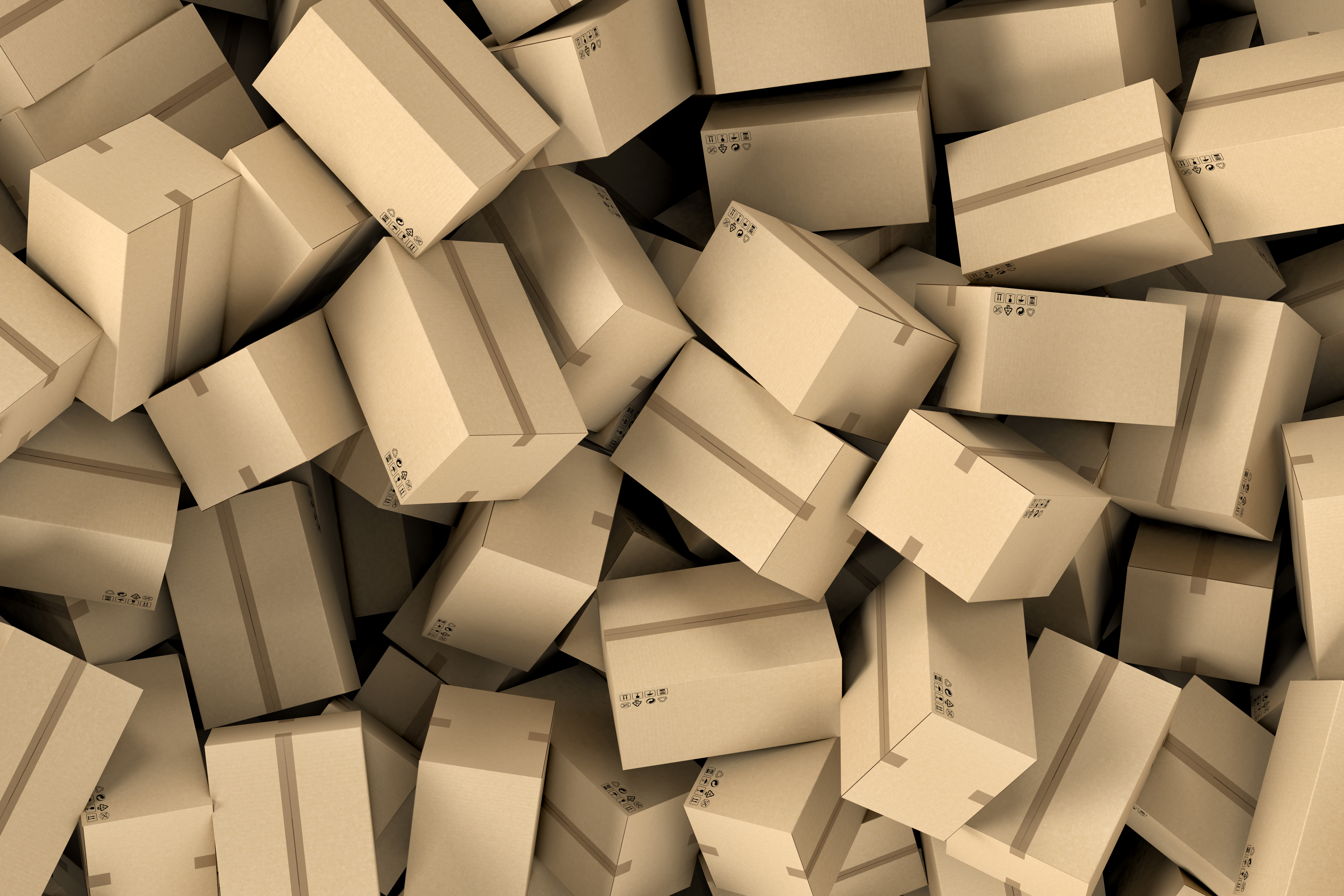 3d rendering of a huge amount of cardboard boxes lying together in disorder, top view. Postal services. Packing and crating. Storage of products. Compartments for packages.